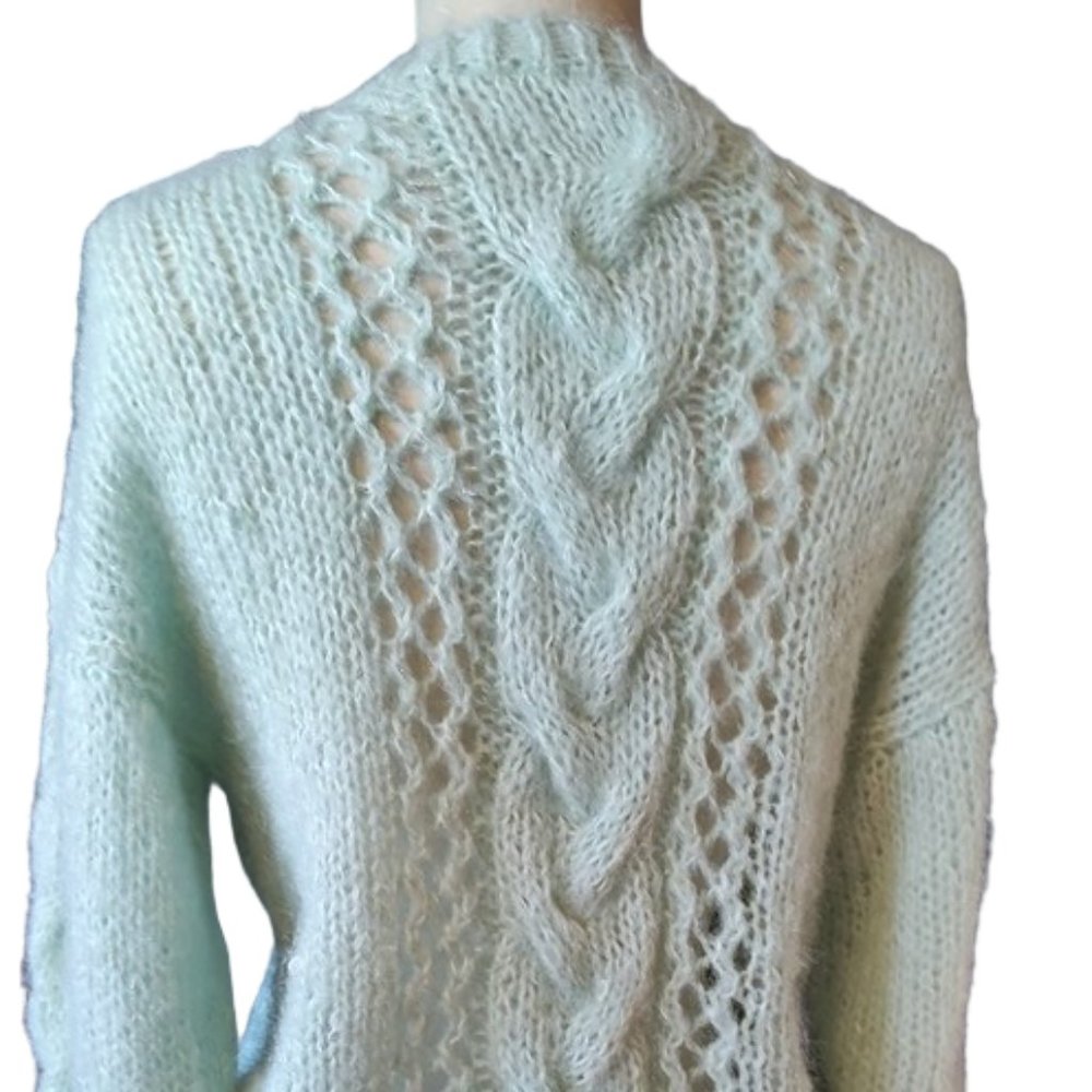 Mint Green Hand Knit 1960s Vintage Cable Knit V Neck Sweater Oversized Large - Picture 3 of 7